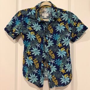 Wonder Nation Boys Tropical Button-Up Shirt | Blue Palm Print | Size L (10–12)